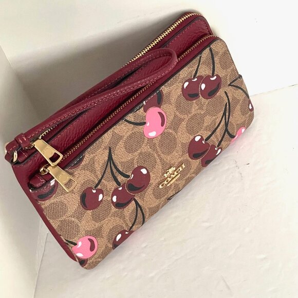 Coach Double Zip Phone Wallet Cherry Print Signature Canvas Wristlet CZ763 - Picture 3 of 7